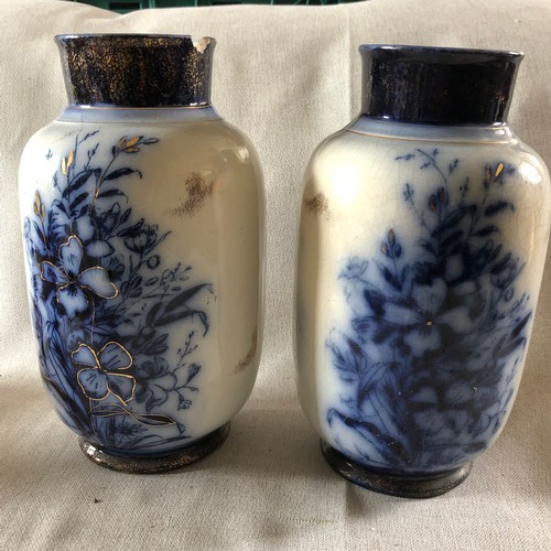 505 - A pair of Art Nouveau Victorian flow blue vases. Chip to rim