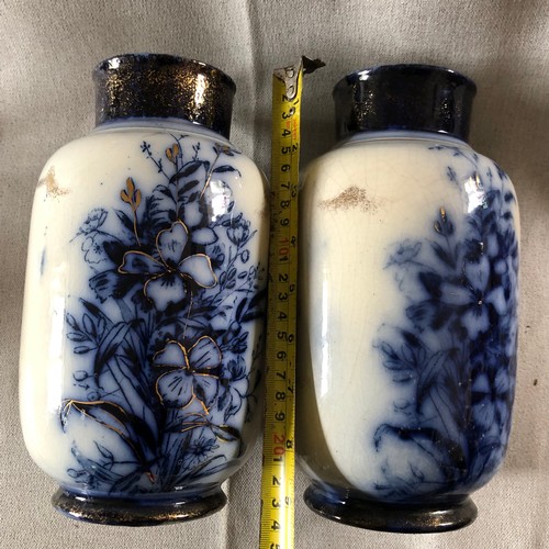 505 - A pair of Art Nouveau Victorian flow blue vases. Chip to rim