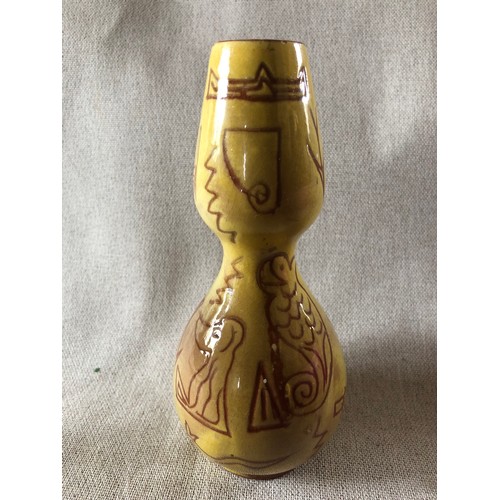 507 - Gourd shaped terracotta ceramic glazed vase with naive incised animal and letter decoration