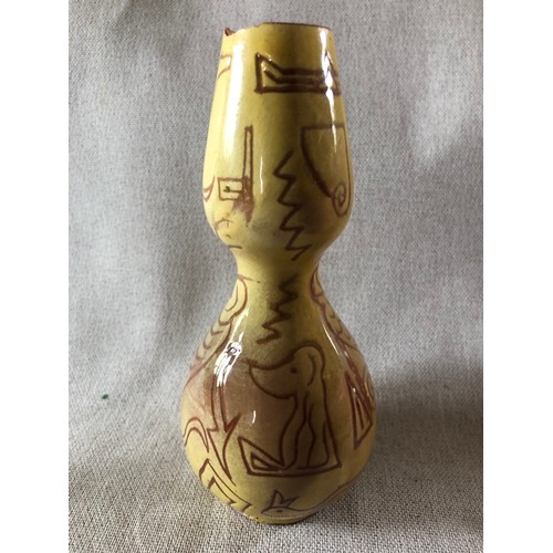 507 - Gourd shaped terracotta ceramic glazed vase with naive incised animal and letter decoration