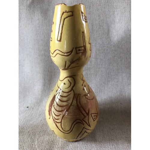 507 - Gourd shaped terracotta ceramic glazed vase with naive incised animal and letter decoration