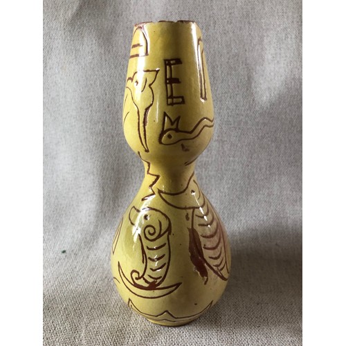 507 - Gourd shaped terracotta ceramic glazed vase with naive incised animal and letter decoration