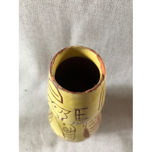 507 - Gourd shaped terracotta ceramic glazed vase with naive incised animal and letter decoration