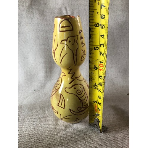 507 - Gourd shaped terracotta ceramic glazed vase with naive incised animal and letter decoration