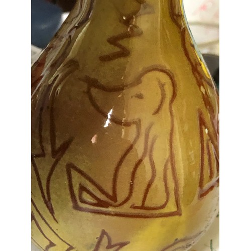 507 - Gourd shaped terracotta ceramic glazed vase with naive incised animal and letter decoration