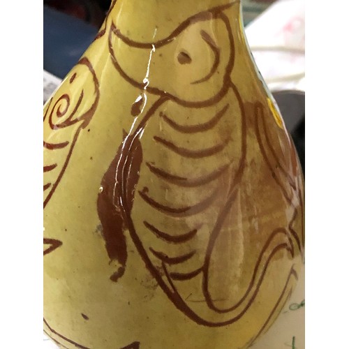 507 - Gourd shaped terracotta ceramic glazed vase with naive incised animal and letter decoration