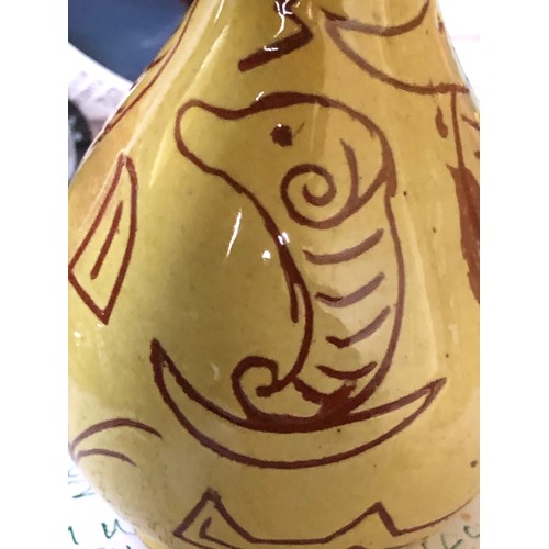 507 - Gourd shaped terracotta ceramic glazed vase with naive incised animal and letter decoration