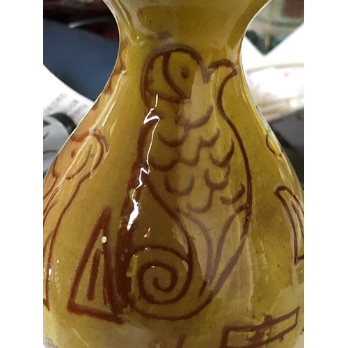 507 - Gourd shaped terracotta ceramic glazed vase with naive incised animal and letter decoration