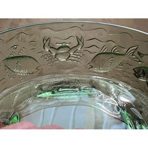 635 - Bagley green glass marine or sea pattern bowl with fish and crabs Reg. No. 7988443