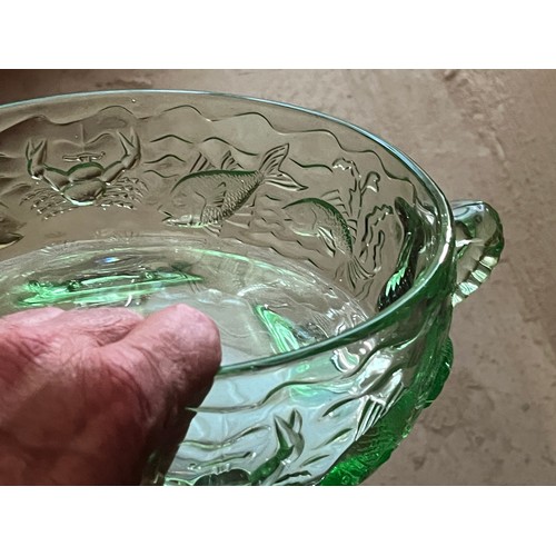 635 - Bagley green glass marine or sea pattern bowl with fish and crabs Reg. No. 7988443