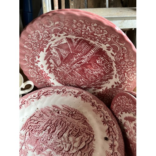 646 - Box full of red & white ironstone dinnerware including Churchill & Broardhurst