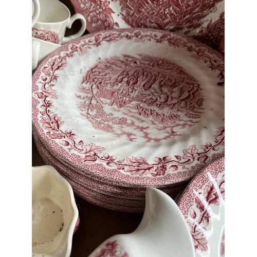 646 - Box full of red & white ironstone dinnerware including Churchill & Broardhurst