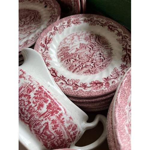 646 - Box full of red & white ironstone dinnerware including Churchill & Broardhurst