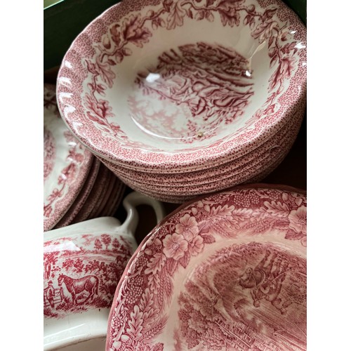 646 - Box full of red & white ironstone dinnerware including Churchill & Broardhurst