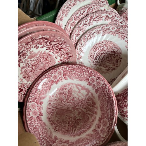 646 - Box full of red & white ironstone dinnerware including Churchill & Broardhurst