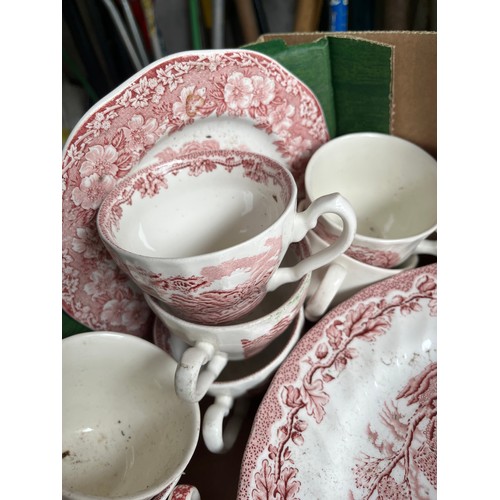 646 - Box full of red & white ironstone dinnerware including Churchill & Broardhurst