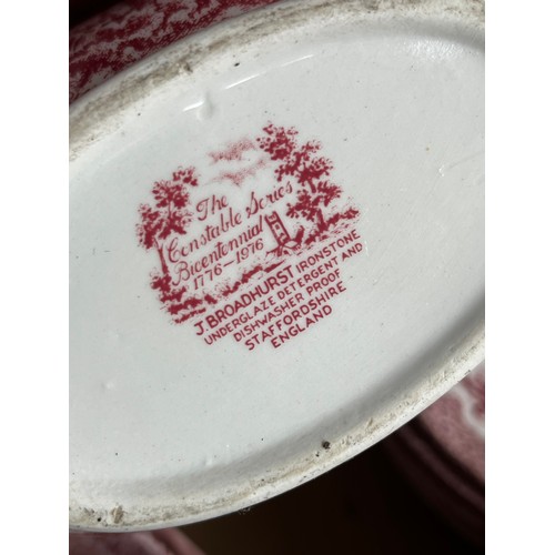 646 - Box full of red & white ironstone dinnerware including Churchill & Broardhurst