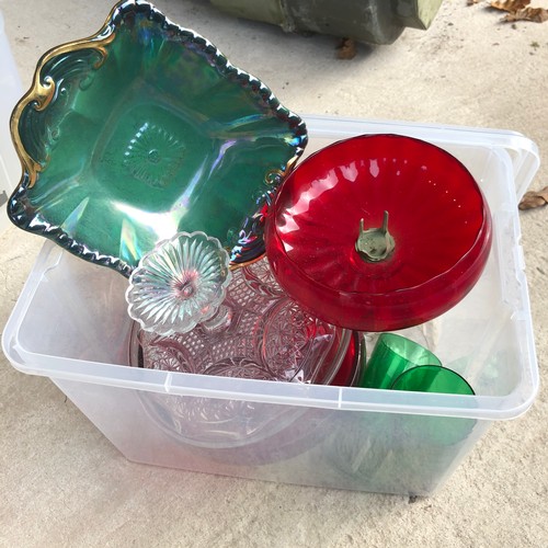 665 - Plastic tub with glass and China items, including Murano And crown Devon.