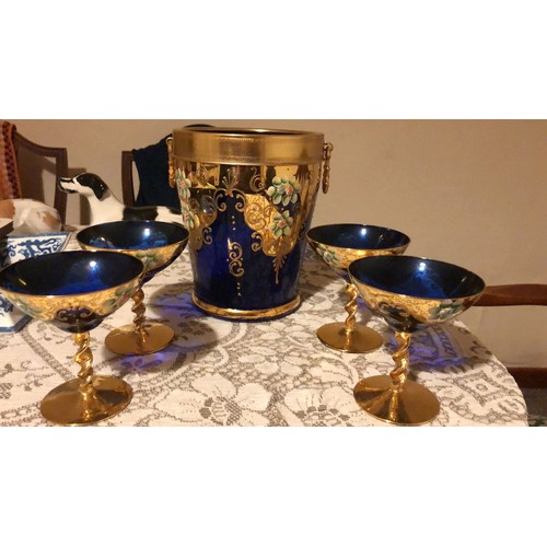 666 - Venetian hand painted colbalt blue glass ice bucket and 4 champagne/martini glasses with hand painte... 