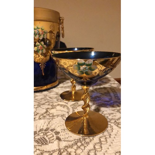 666 - Venetian hand painted colbalt blue glass ice bucket and 4 champagne/martini glasses with hand painte... 