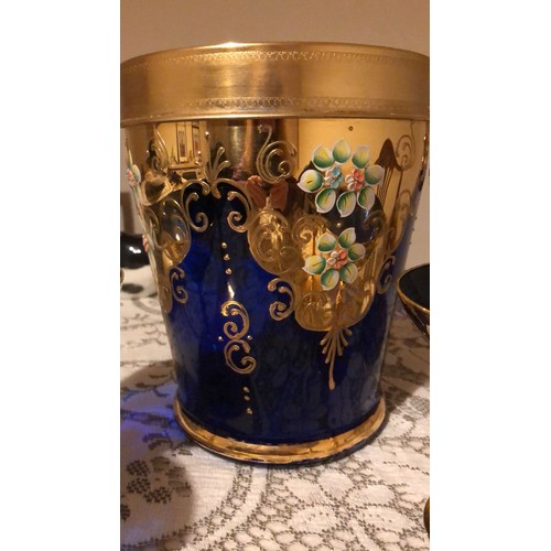 666 - Venetian hand painted colbalt blue glass ice bucket and 4 champagne/martini glasses with hand painte... 