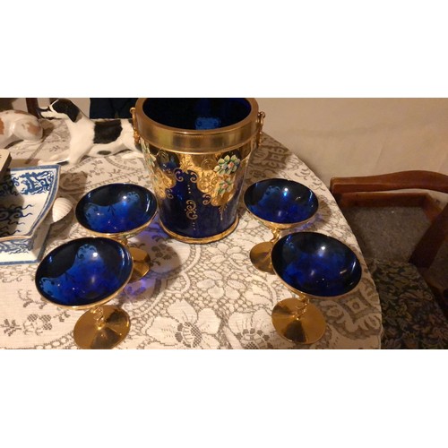 666 - Venetian hand painted colbalt blue glass ice bucket and 4 champagne/martini glasses with hand painte... 