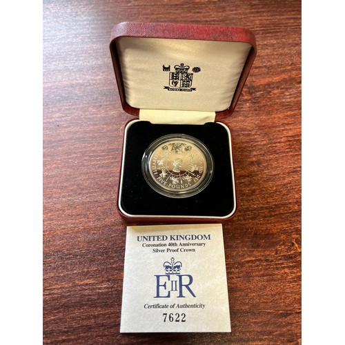 986 - 1953 to 1993. Coronation, 40th anniversary, silver proof £5 crown.