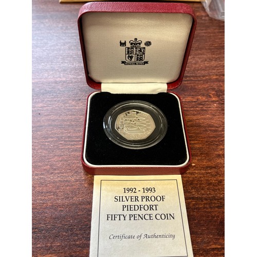 987 - 1992 to 1993 silver proof piedfort. 50p coin boxed with certificate