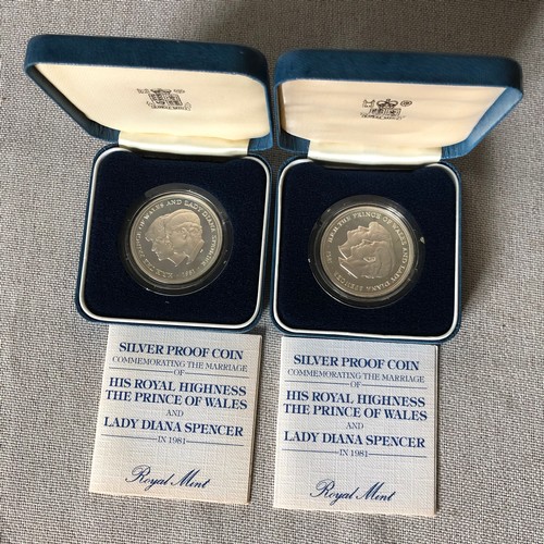 1074 - 2 Charles and Diana silver proof  commemorative wedding coins 1981 boxed with certificates