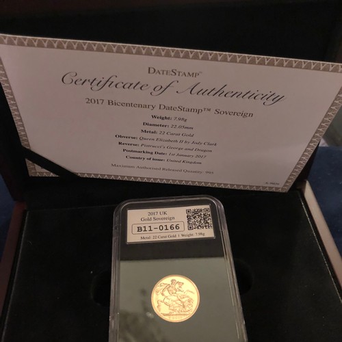 1092 - 2017 Bicentenary Datestamp 22 carat (916.7) gold Full Sovereign Proof Coin 7.98g in Capsule. Limited... 