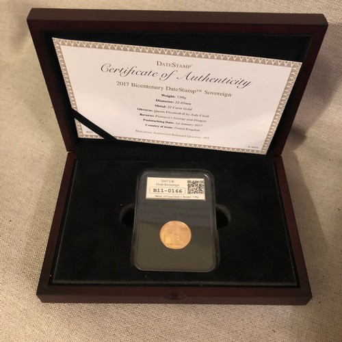 1092 - 2017 Bicentenary Datestamp 22 carat (916.7) gold Full Sovereign Proof Coin 7.98g in Capsule. Limited... 