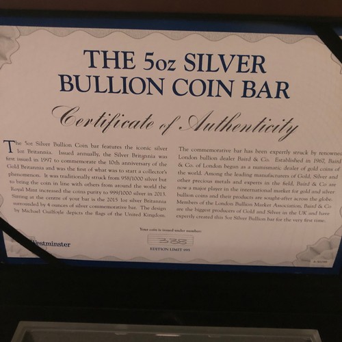 1113 - The 5 ounce silver bullion coin bar. Limited edition 338 of 995.