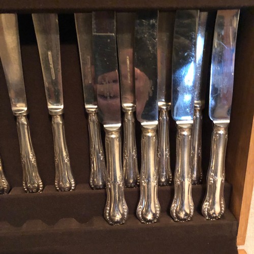 1148 - Comprehensive Walker and Hall silver plated cutlery set boxed in a solid blond Oak case