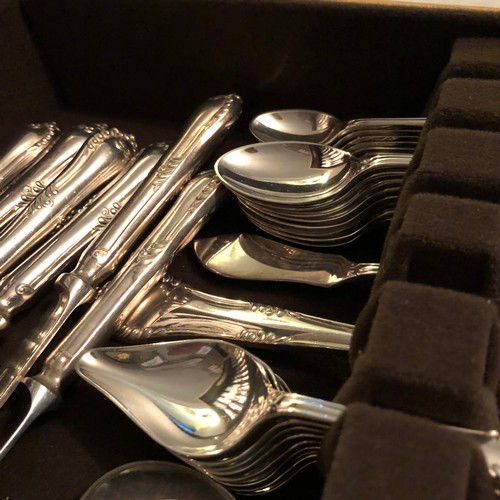 1148 - Comprehensive Walker and Hall silver plated cutlery set boxed in a solid blond Oak case