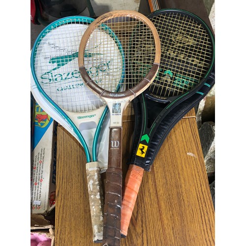 1530 - 3 Tennis rackets including a wooden Wilson strung with cat gut, Slazenger and  a Dunlop with a Ferra... 