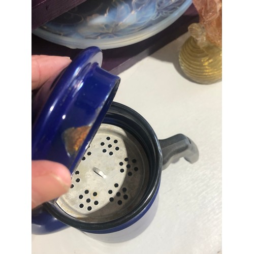 1568 - Rare blue enamelware coffee pot with strainer and lid