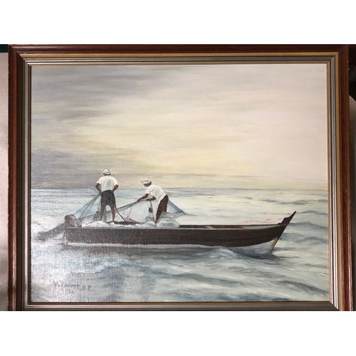 1935 - Medium sized oil painting on board of an Arabic boat setting nets by P P Paterson. Signed and dated ... 