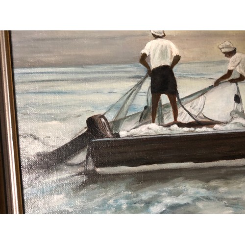 1935 - Medium sized oil painting on board of an Arabic boat setting nets by P P Paterson. Signed and dated ... 