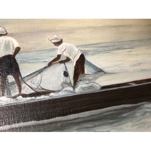 1935 - Medium sized oil painting on board of an Arabic boat setting nets by P P Paterson. Signed and dated ... 