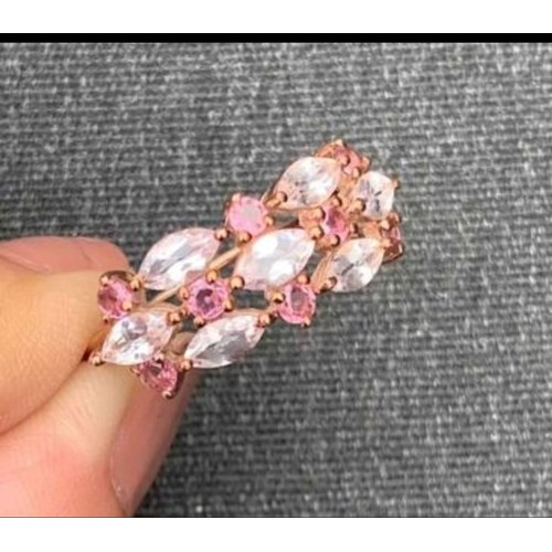 1 - Stunning 9ct rose gold, white and pink tourmaline large cluster Ring, size S