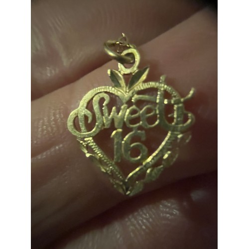 5 - 9ct gold sweet 16 pendant on 9ct gold chain fully hallmarked