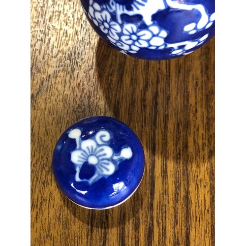 273 - Oriental Japanese cherry blossom, prunus blue and white lidded jar with blue circles under