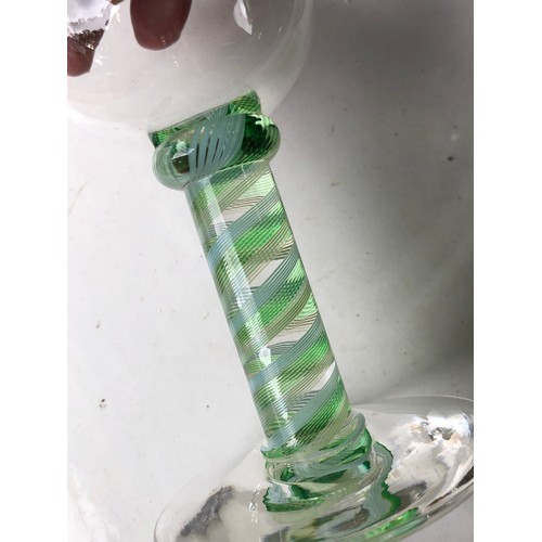 397 - Part of green and white spiral stem glasses signed Cowdy.