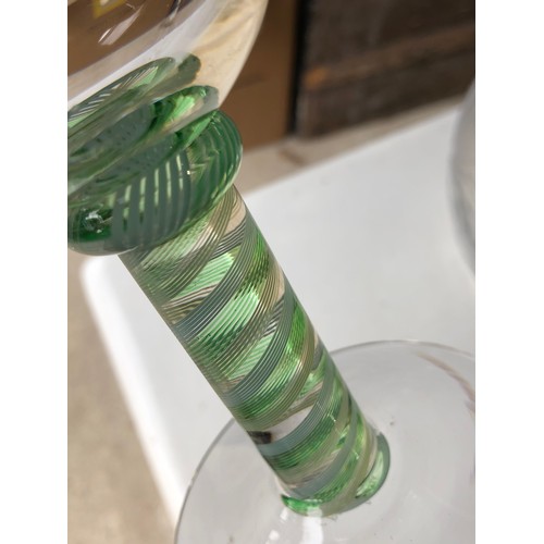 397 - Part of green and white spiral stem glasses signed Cowdy.