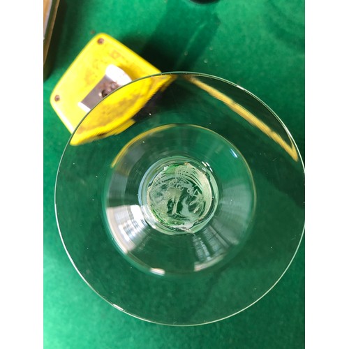 397 - Part of green and white spiral stem glasses signed Cowdy.