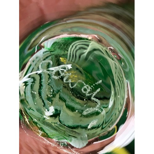 397 - Part of green and white spiral stem glasses signed Cowdy.