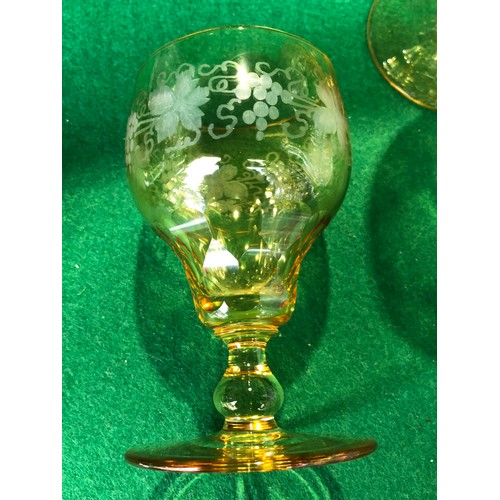 398 - Five John Walsh vine and tendril wine glasses in Amber glass.