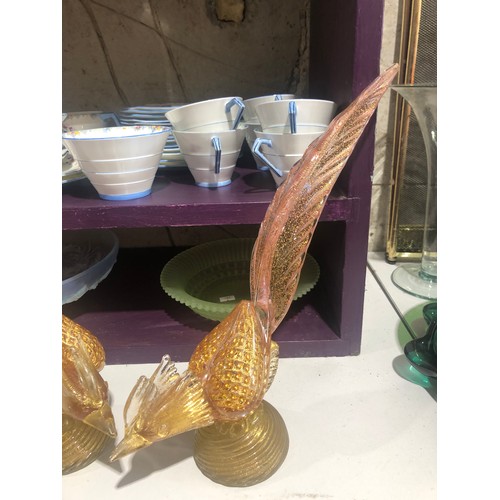 501 - Pair of Murano gold aventurine pink glass pheasants. One with slight damage under the base of the ta... 