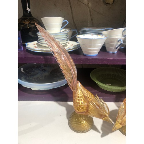 501 - Pair of Murano gold aventurine pink glass pheasants. One with slight damage under the base of the ta... 