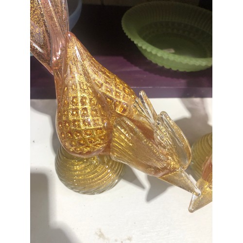 501 - Pair of Murano gold aventurine pink glass pheasants. One with slight damage under the base of the ta... 